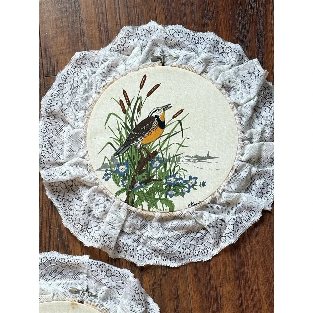 Vtg Set Of 3 Bird Wall Hanging Lace Ruffle Embroidery Hoop Art Cottagecore